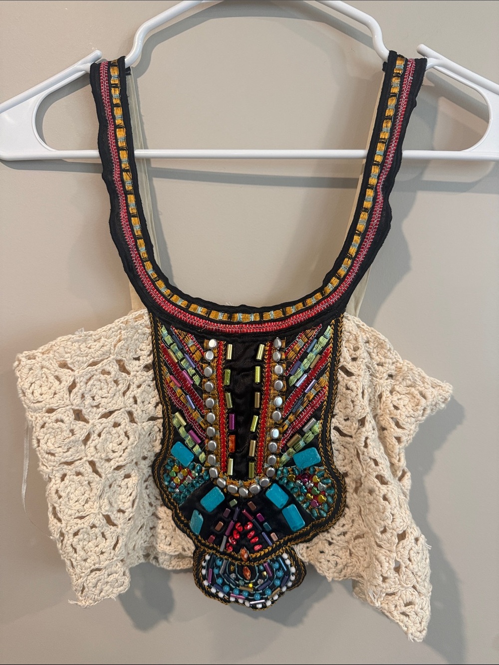Signature8 Crochet Tank Top with Beaded Embellished Bib - Cream